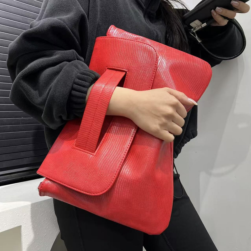 Oversized Envelope Clutch with Wrist Handle - Red Lizard