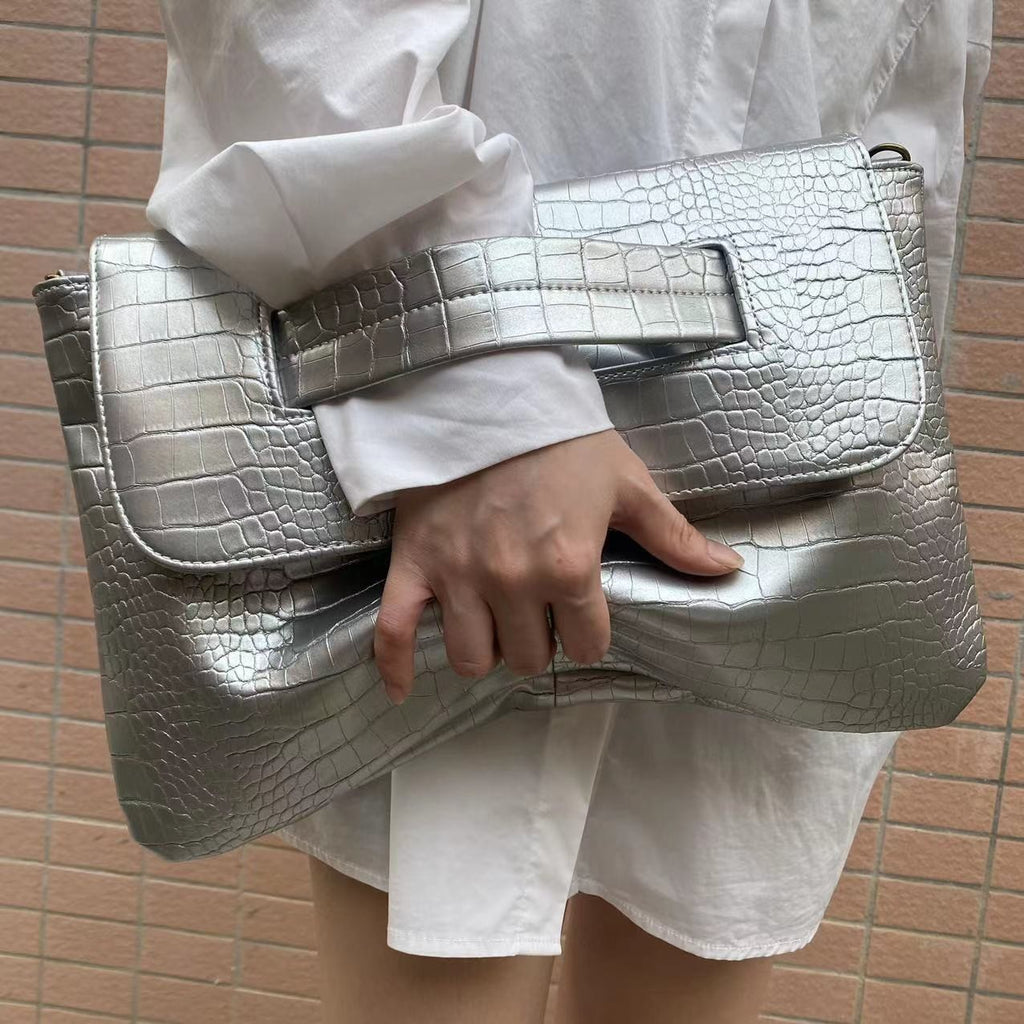 Oversized Envelope Clutch with Wrist Handle - Silver