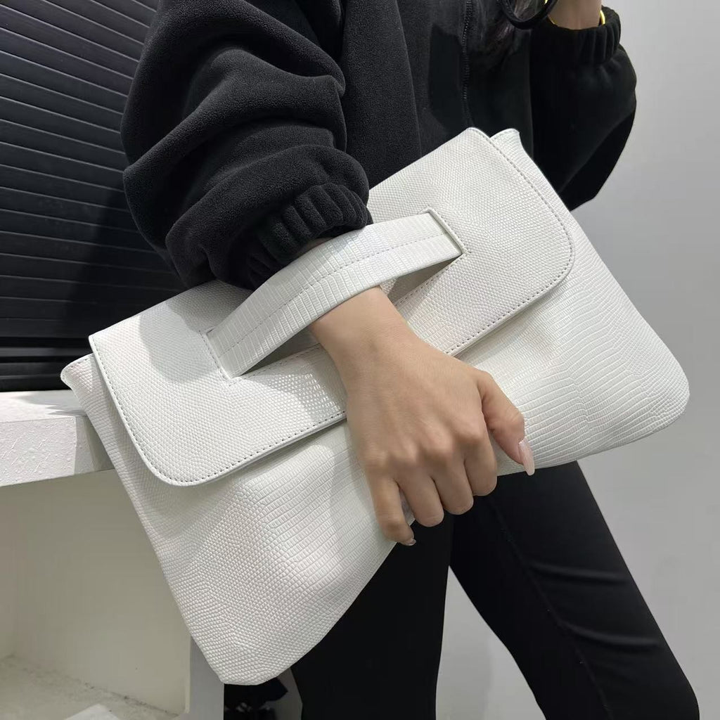 Oversized Envelope Clutch with Wrist Handle - White Lizard