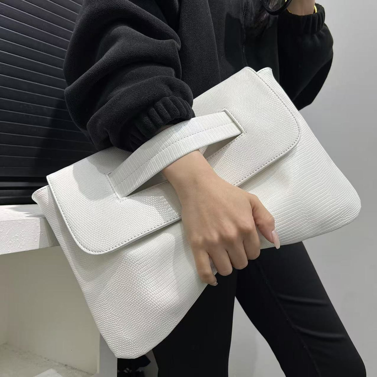 Oversized Envelope Clutch with Wrist Handle - White Lizard