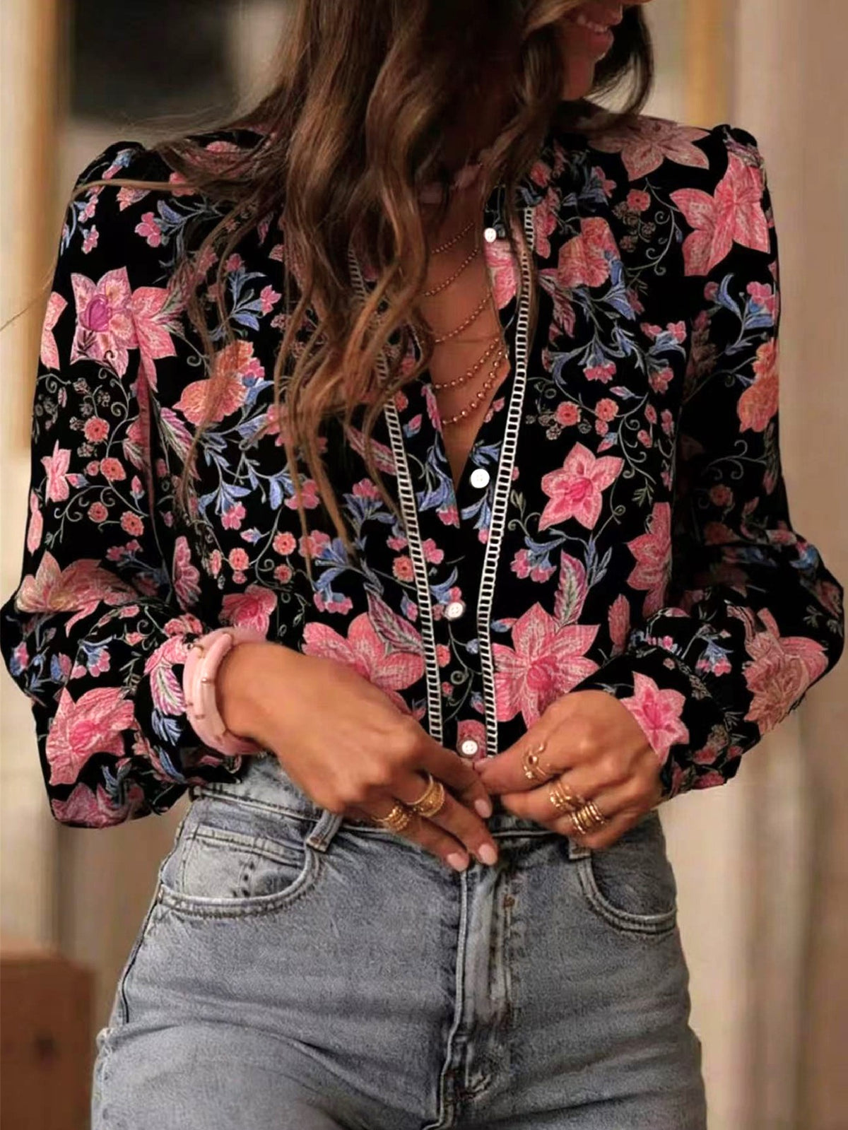 Sheer Floral Blouse With Blouson Sleeves - Black