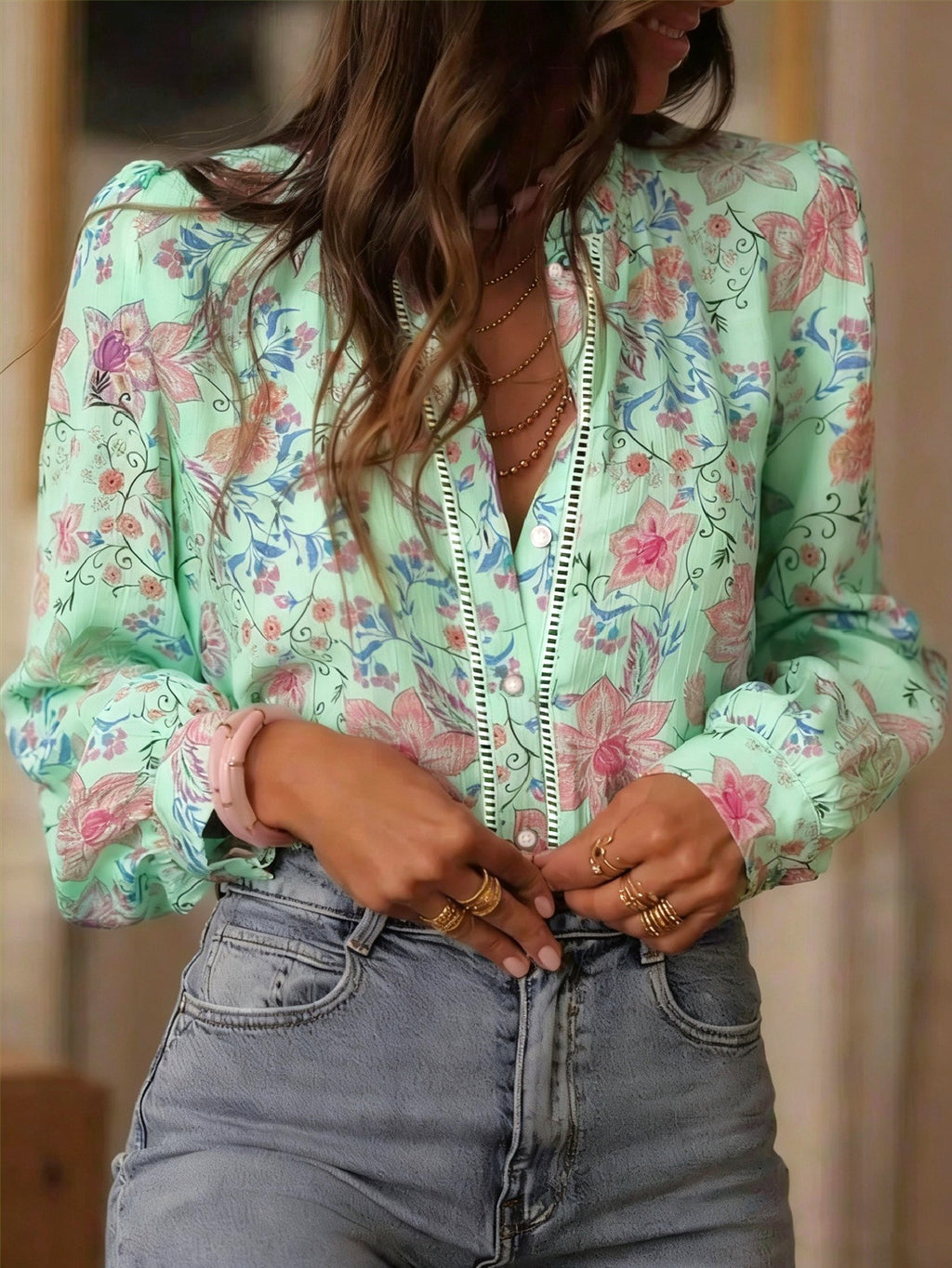 Sheer Floral Blouse With Blouson Sleeves - Green
