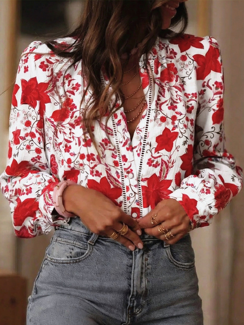 Sheer Floral Blouse With Blouson Sleeves - Red