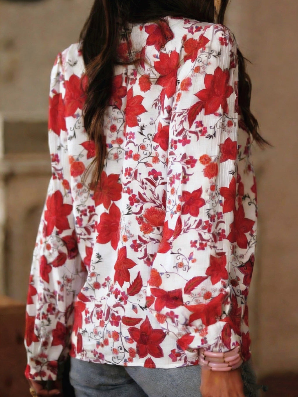 Sheer Floral Blouse With Blouson Sleeves - Red - 2