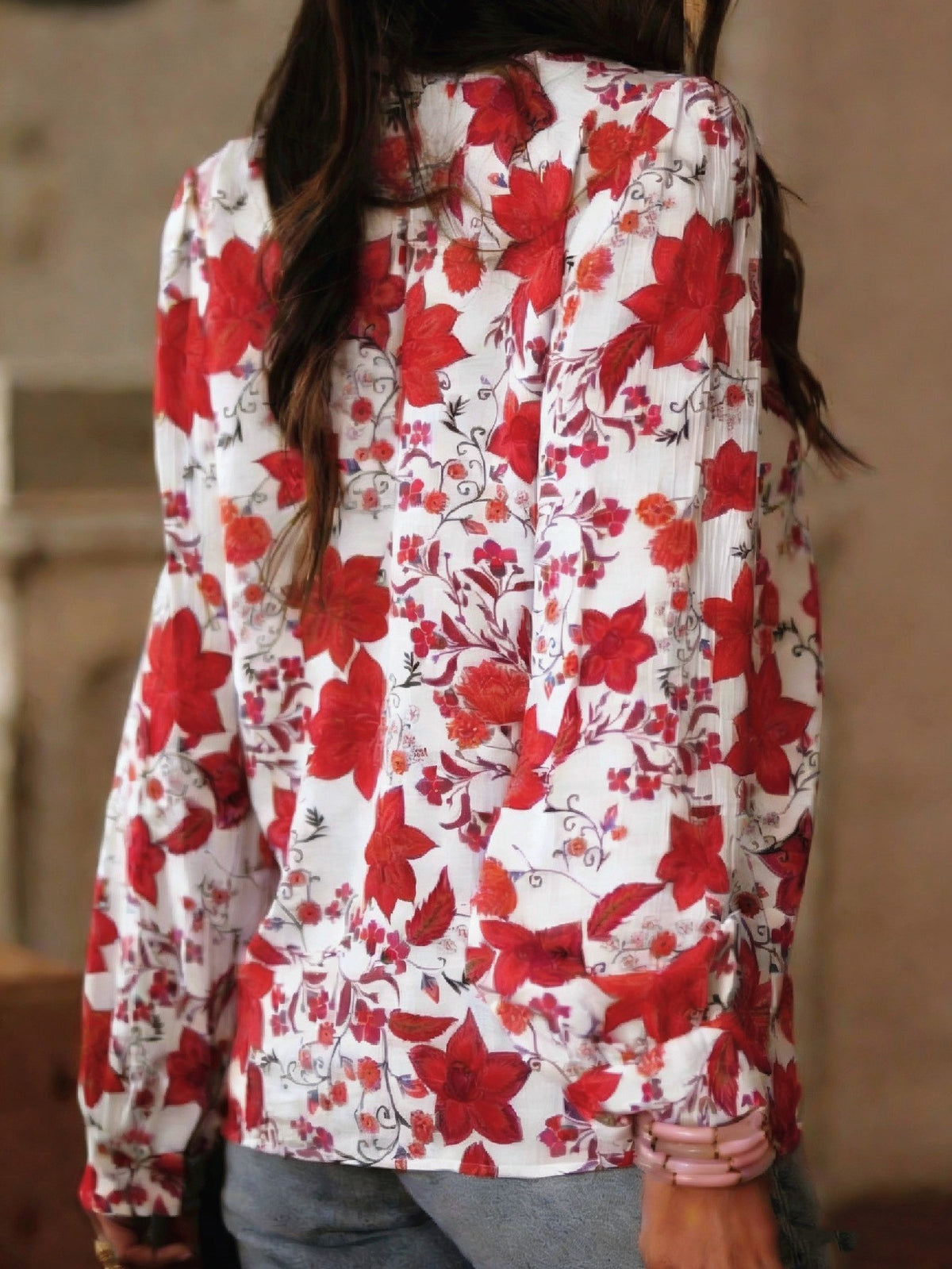 Sheer Floral Blouse With Blouson Sleeves - Red - 2