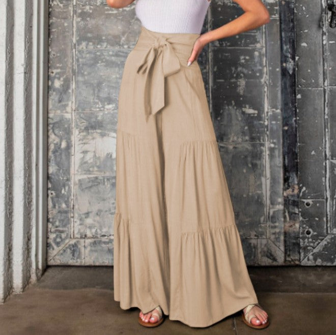 Tiered Ruffle Hem Wide Leg Palazzo Pants - Apricot