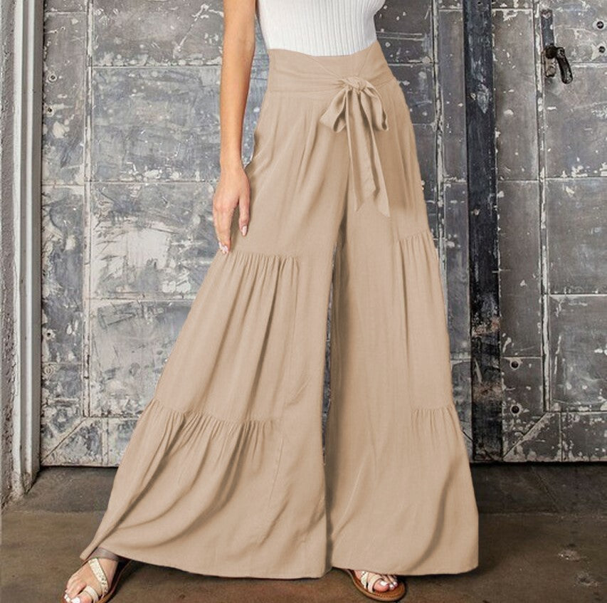 Tiered Ruffle Hem Wide Leg Palazzo Pants - Apricot - 1