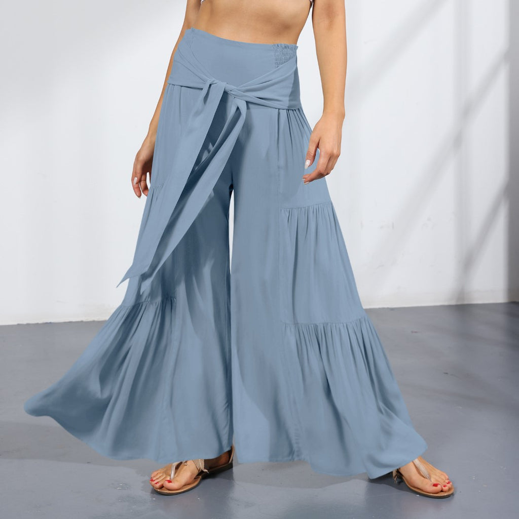 Tiered Ruffle Hem Wide Leg Palazzo Pants - Blue