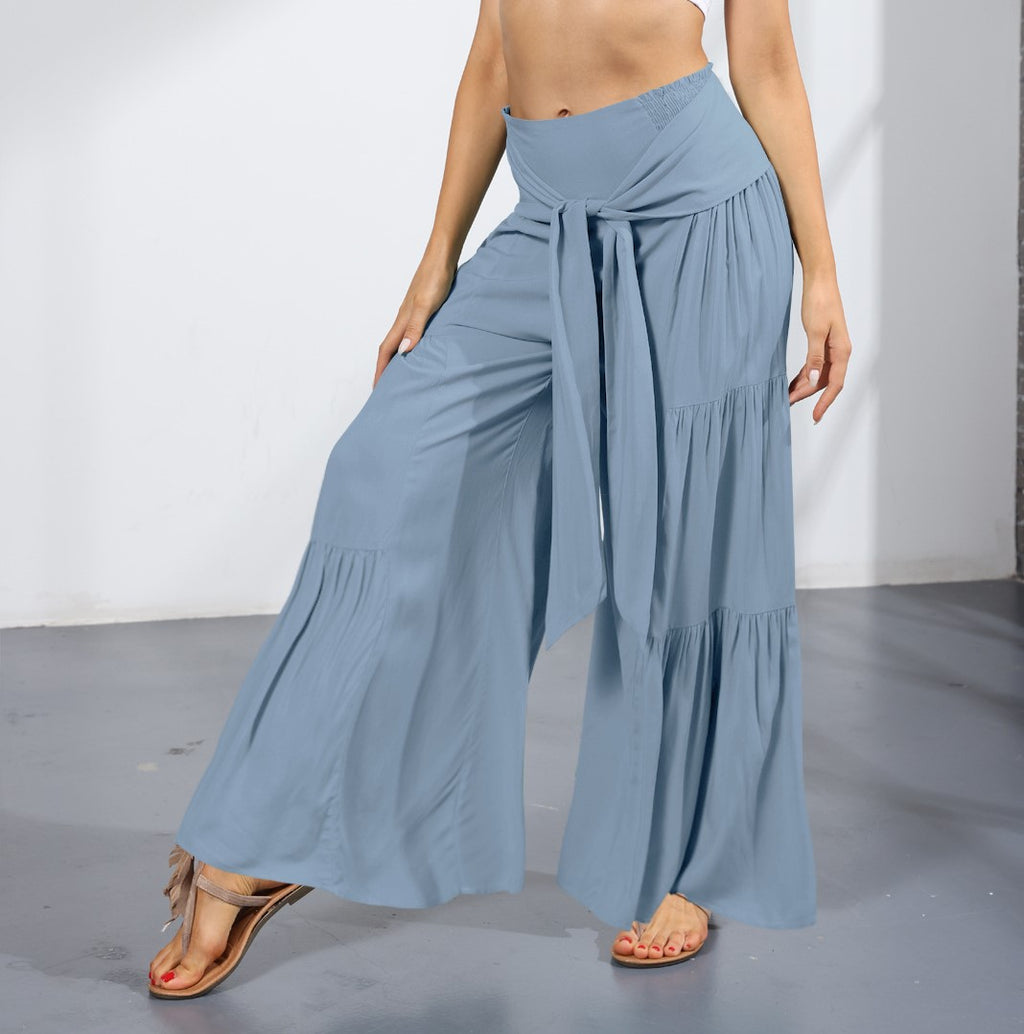 Tiered Ruffle Hem Wide Leg Palazzo Pants - Blue - 1