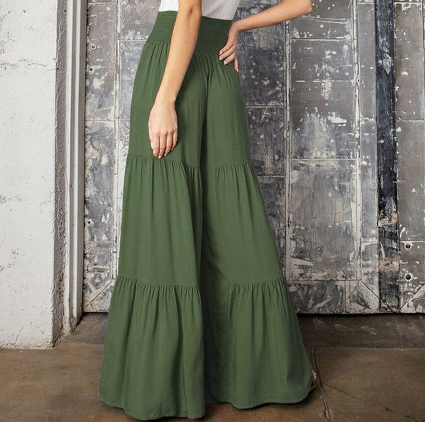Tiered Ruffle Hem Wide Leg Palazzo Pants - Green - 1