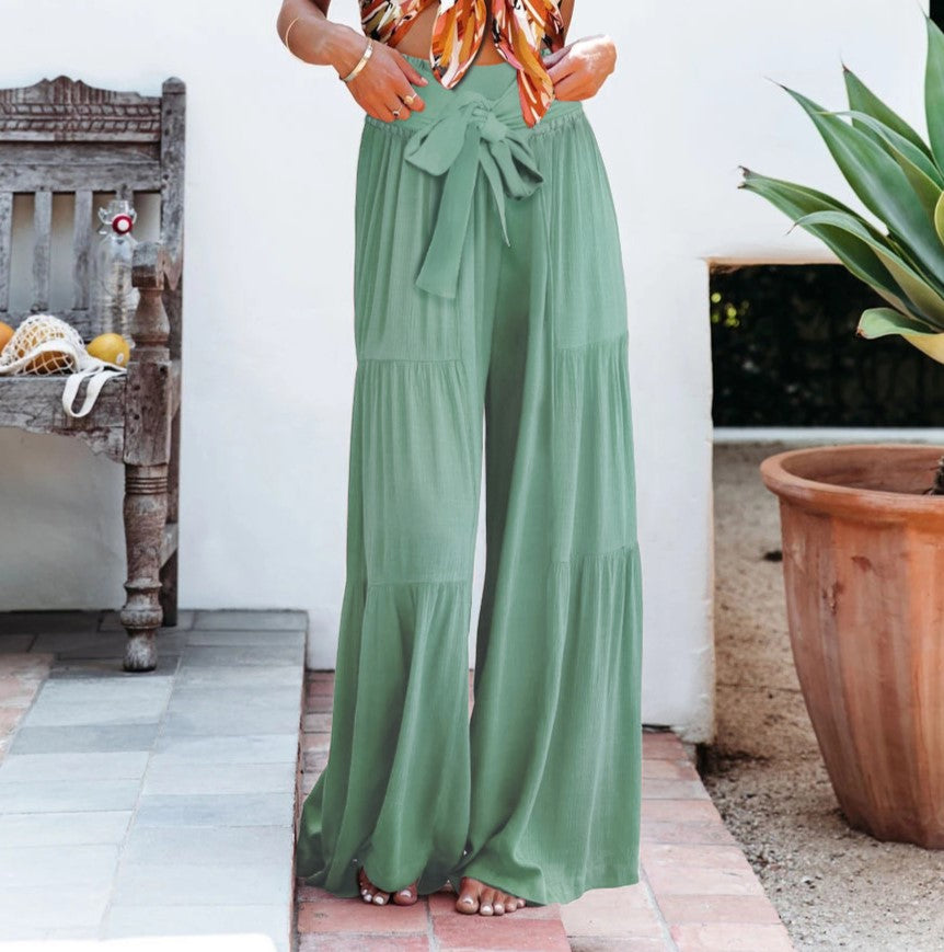 Tiered Ruffle Hem Wide Leg Palazzo Pants - MintGreen - 1