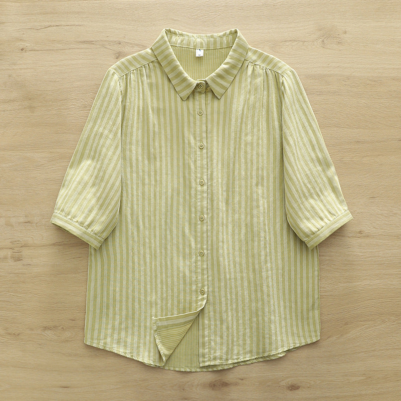 Striped Cotton Button Down Shirt With Rounded Collar - BeechnutH