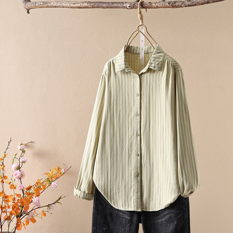 Striped Cotton Button Down Shirt With Rounded Collar - BeechnutL