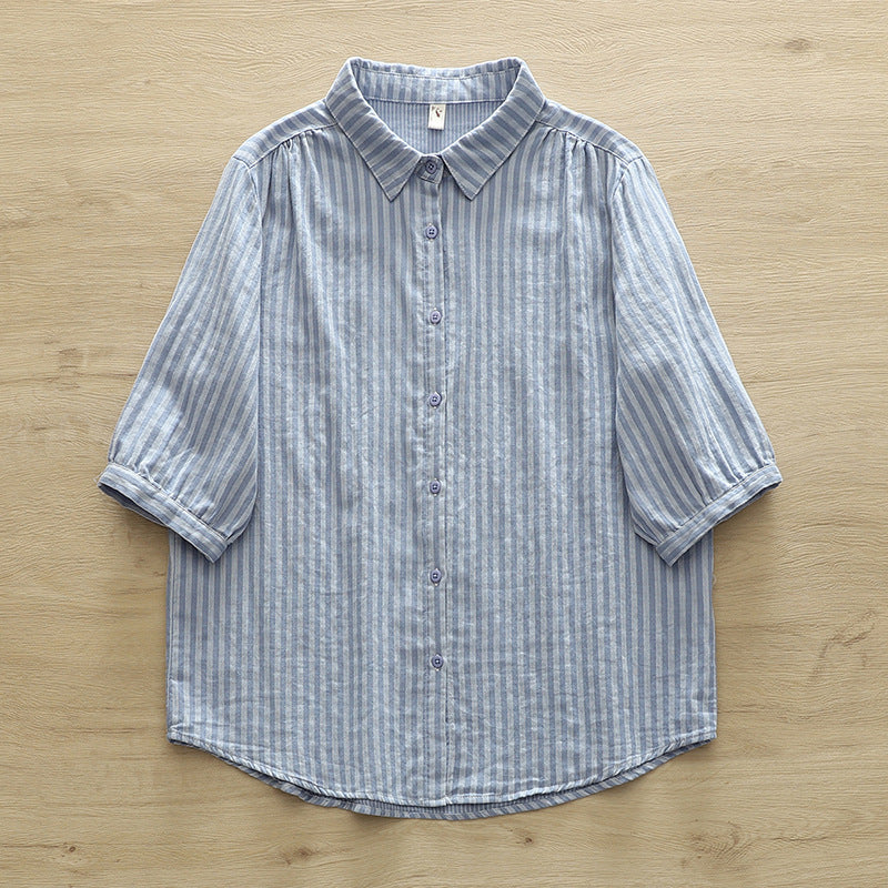 Striped Cotton Button Down Shirt With Rounded Collar - BlueH
