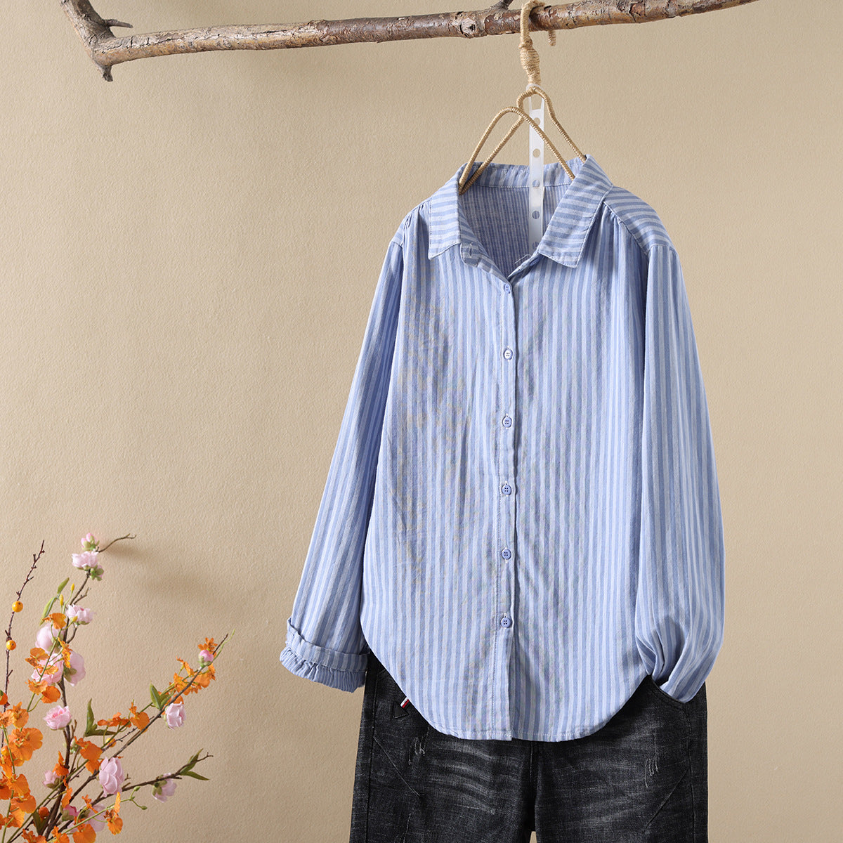 Striped Cotton Button Down Shirt With Rounded Collar - BlueL