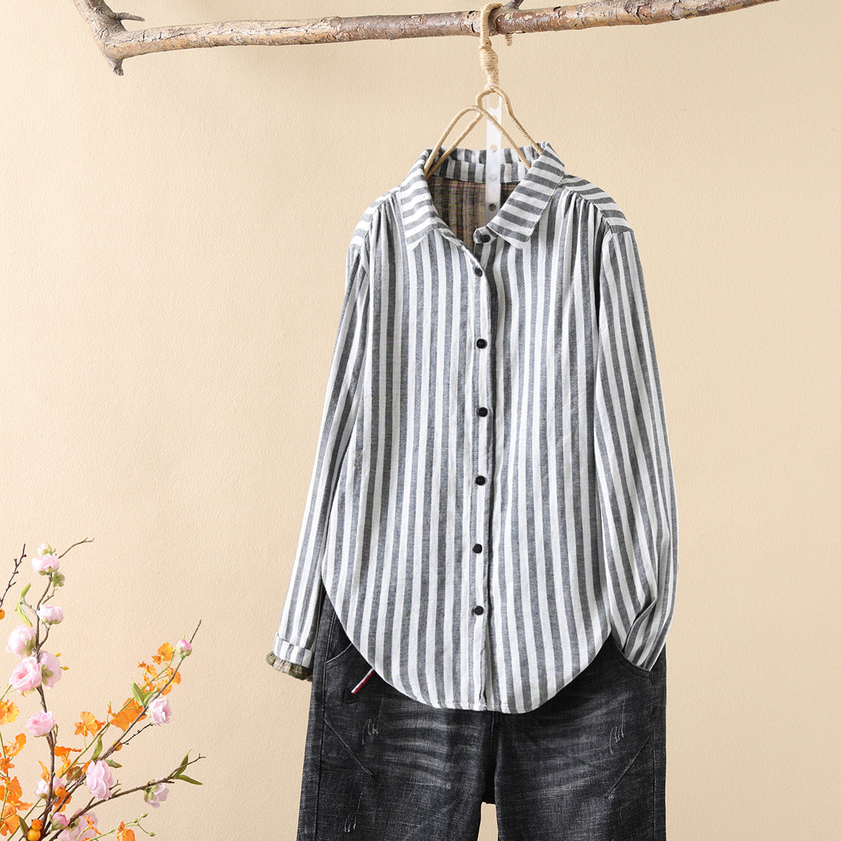 Striped Cotton Button Down Shirt With Rounded Collar - GrayL