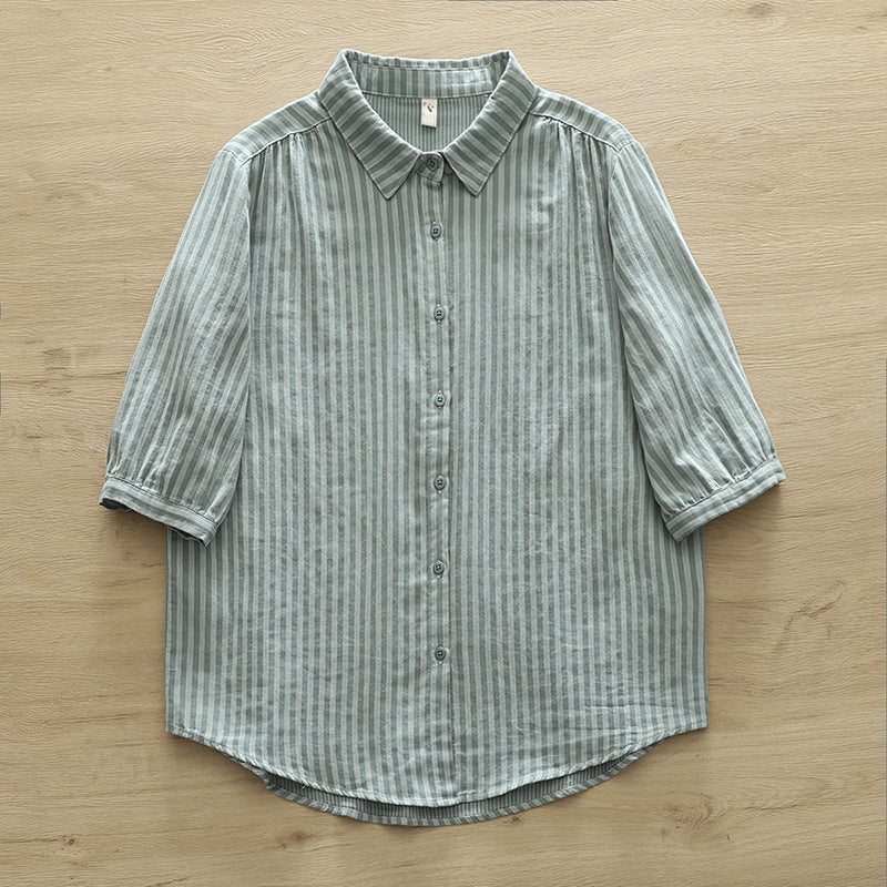 Striped Cotton Button Down Shirt With Rounded Collar - GreenH