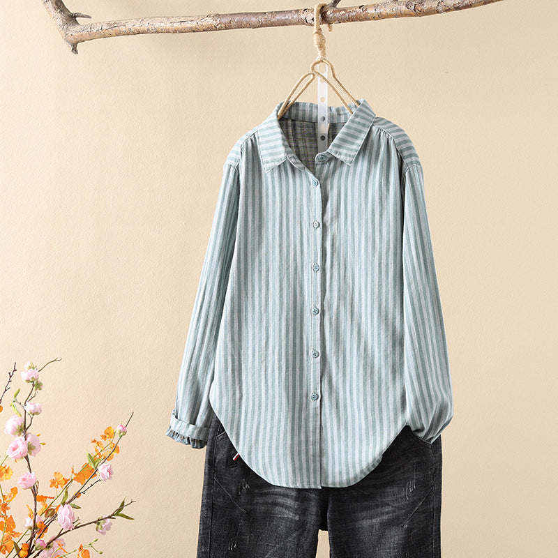 Striped Cotton Button Down Shirt With Rounded Collar - GreenL