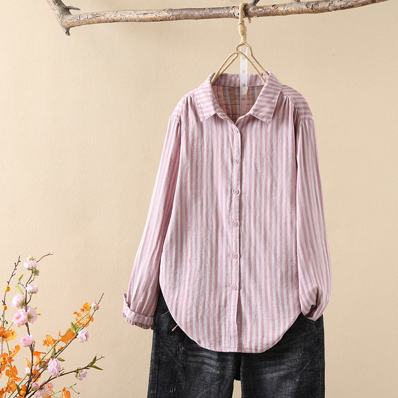 Striped Cotton Button Down Shirt With Rounded Collar - PinkL