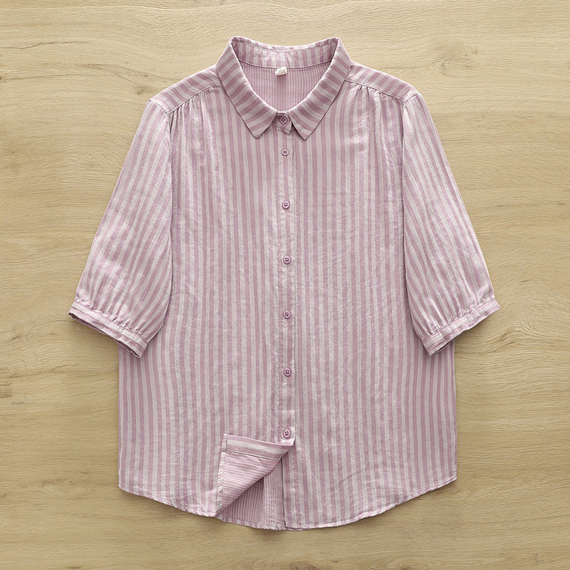 Striped Cotton Button Down Shirt With Rounded Collar - PurpleH