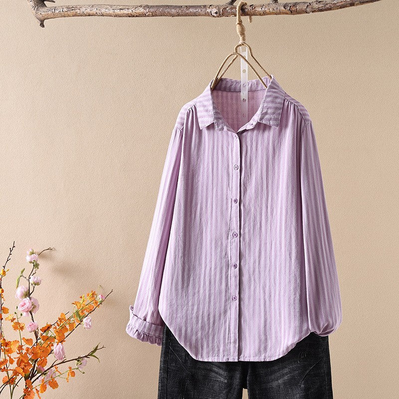 Striped Cotton Button Down Shirt With Rounded Collar - PurpleL