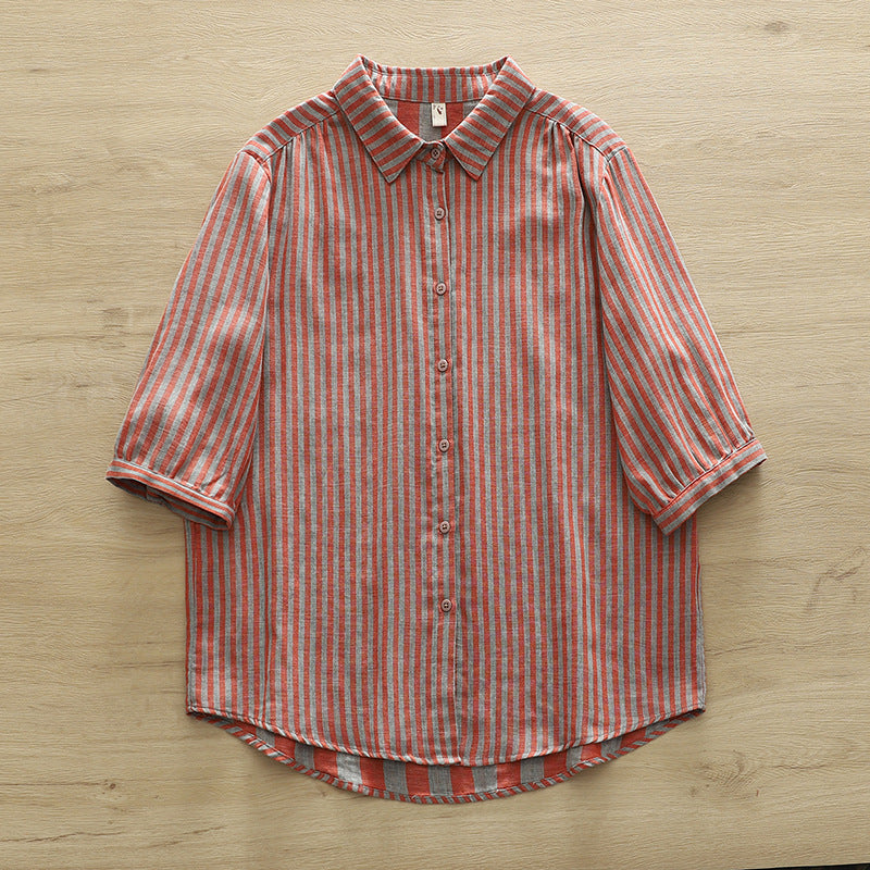 Striped Cotton Button Down Shirt With Rounded Collar - RedH