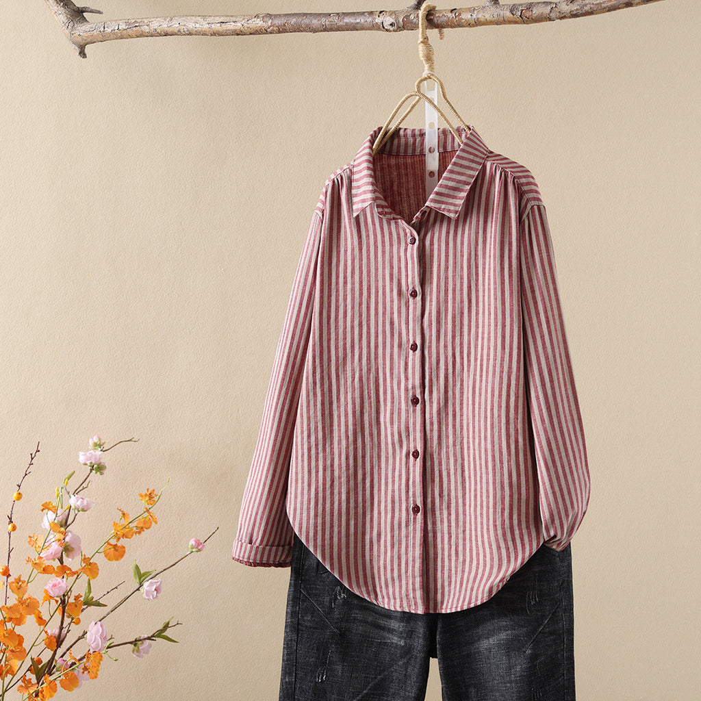 Striped Cotton Button Down Shirt With Rounded Collar - RedL
