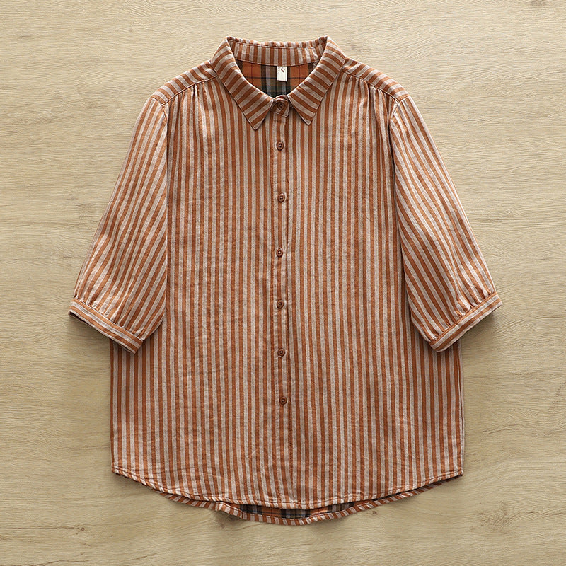 Striped Cotton Button Down Shirt With Rounded Collar - RustH