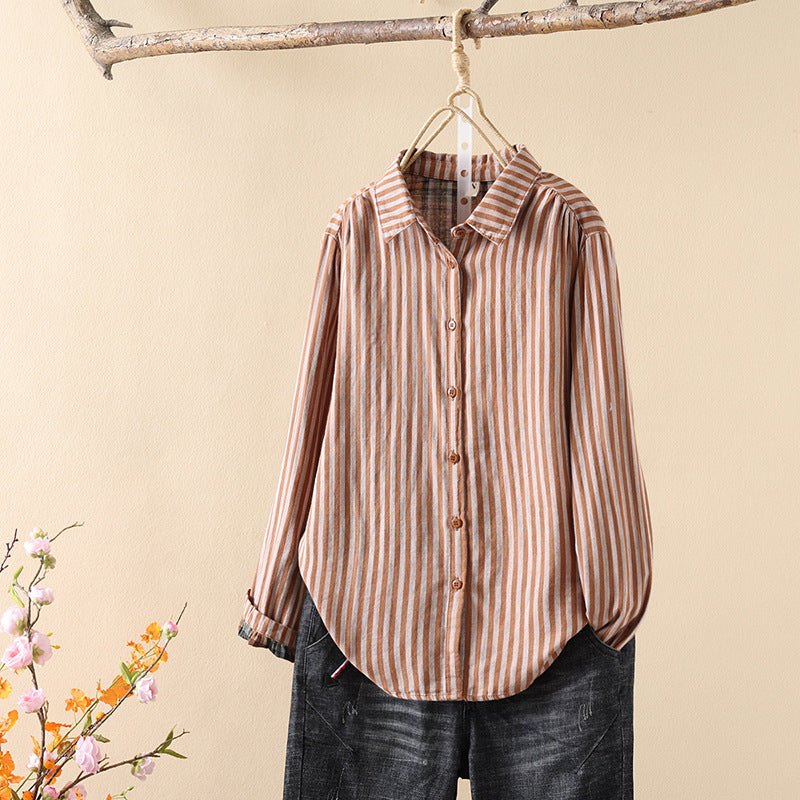 Striped Cotton Button Down Shirt With Rounded Collar - RustL