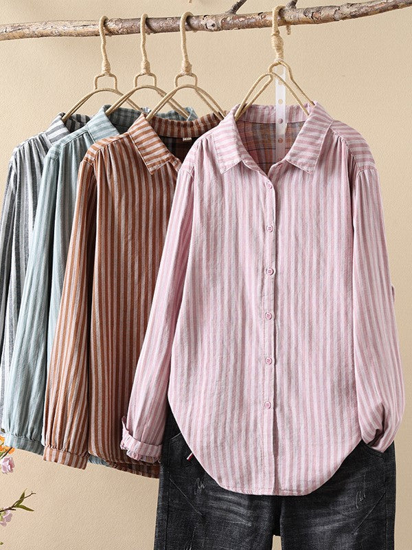 Striped Cotton Button Down Shirt With Rounded Collar