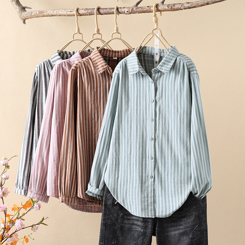 Striped Cotton Button Down Shirt With Rounded Collar - view 10