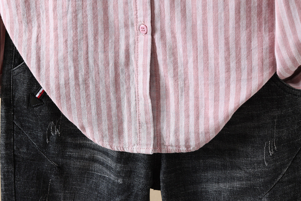 Striped Cotton Button Down Shirt With Rounded Collar - view 14