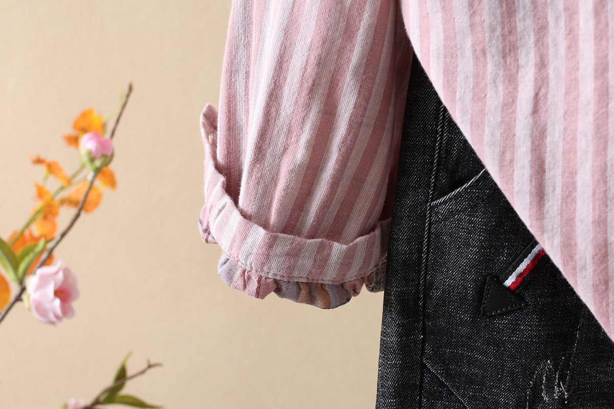 Striped Cotton Button Down Shirt With Rounded Collar - view 15