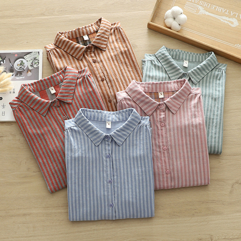 Striped Cotton Button Down Shirt With Rounded Collar - view 2