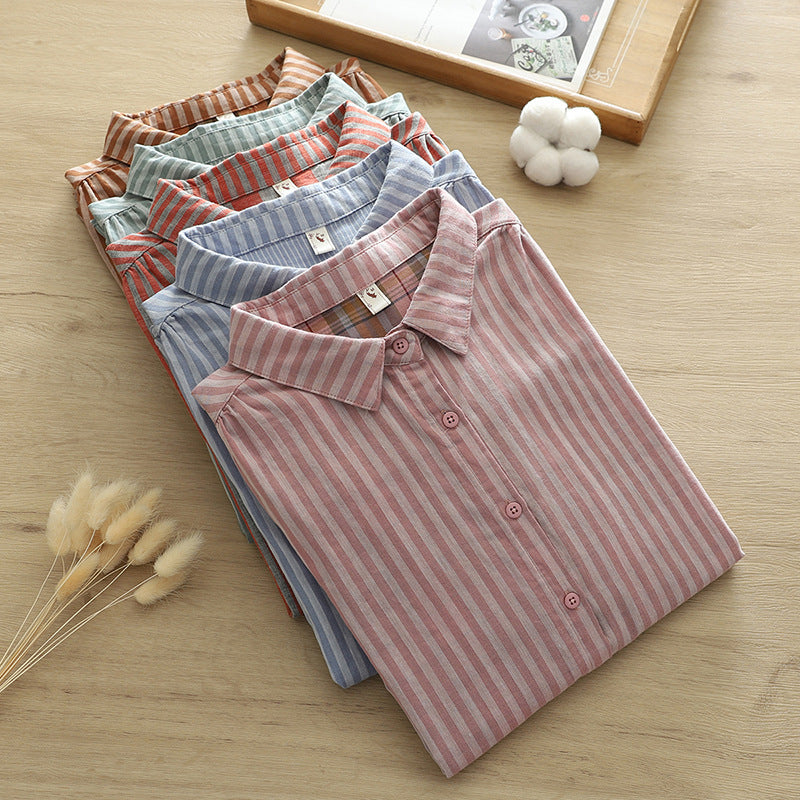 Striped Cotton Button Down Shirt With Rounded Collar - view 3