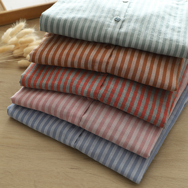 Striped Cotton Button Down Shirt With Rounded Collar - view 4