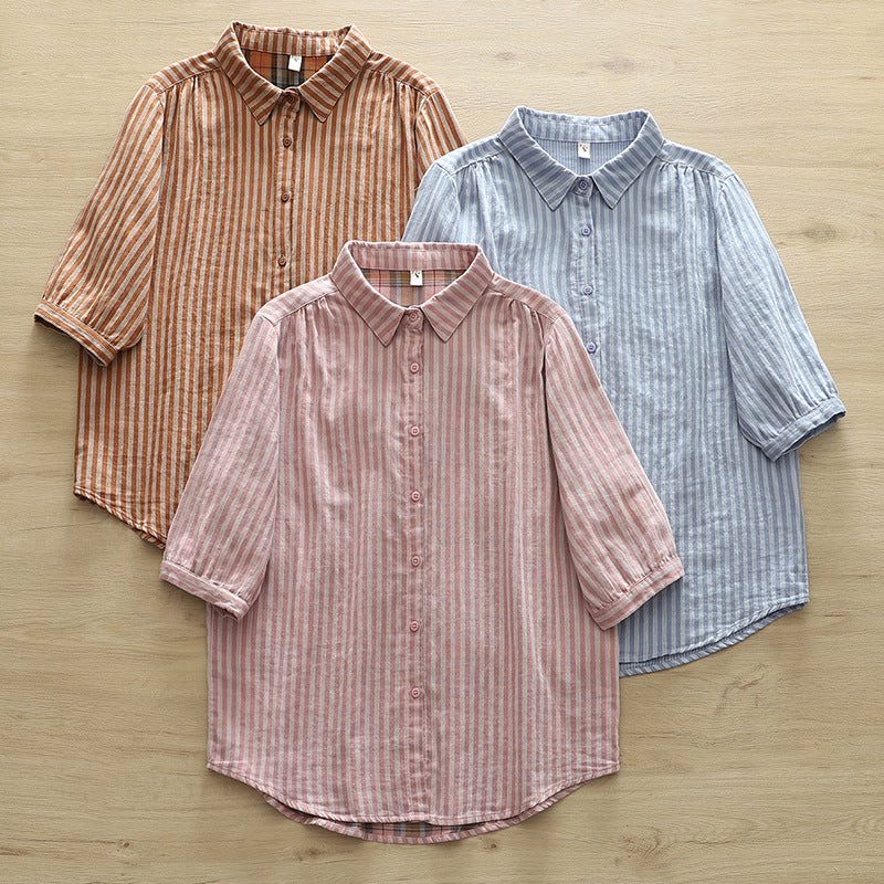 Striped Cotton Button Down Shirt With Rounded Collar - view 5