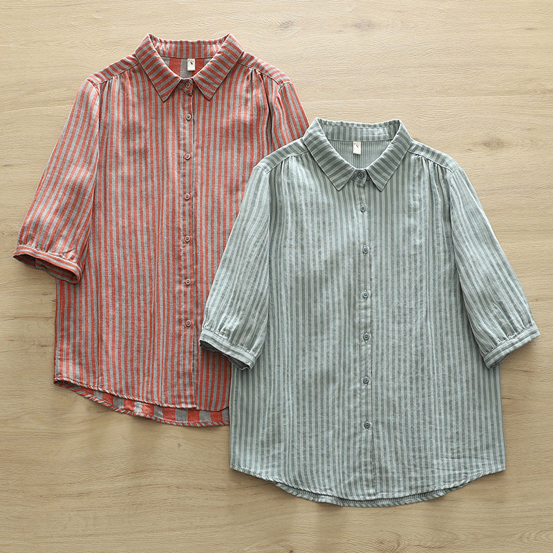 Striped Cotton Button Down Shirt With Rounded Collar - view 6