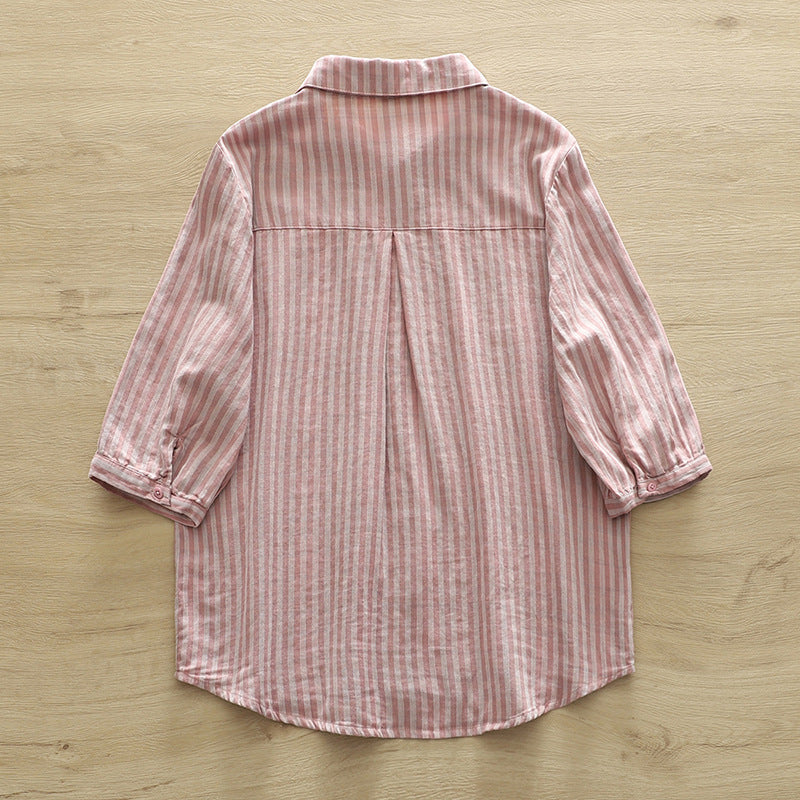 Striped Cotton Button Down Shirt With Rounded Collar - view 7