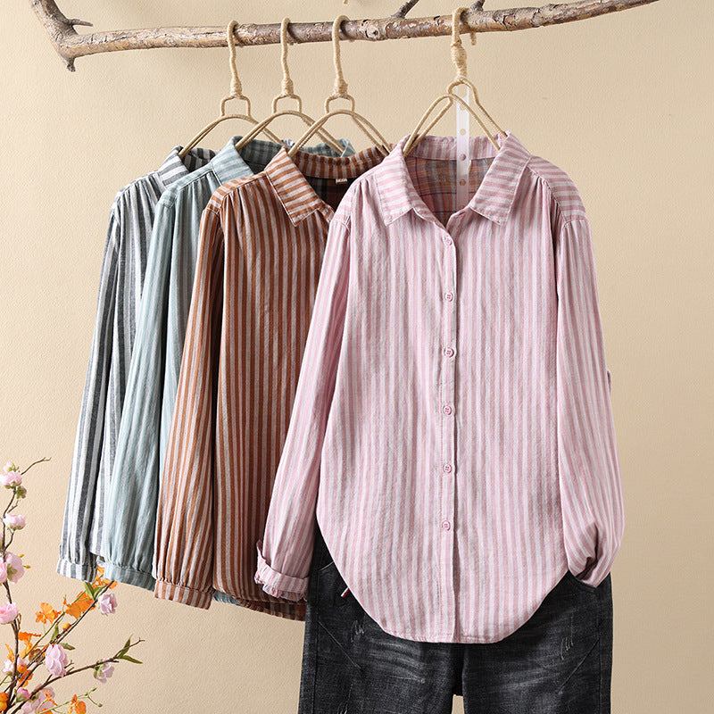 Striped Cotton Button Down Shirt With Rounded Collar - view 8