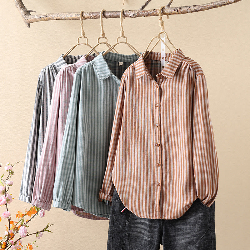 Striped Cotton Button Down Shirt With Rounded Collar - view 9