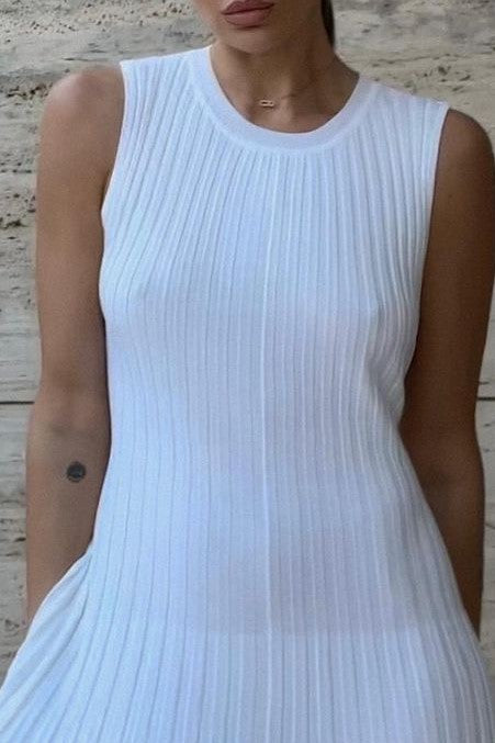 Pleated Rib Knit Column Midi Dress - White - 1