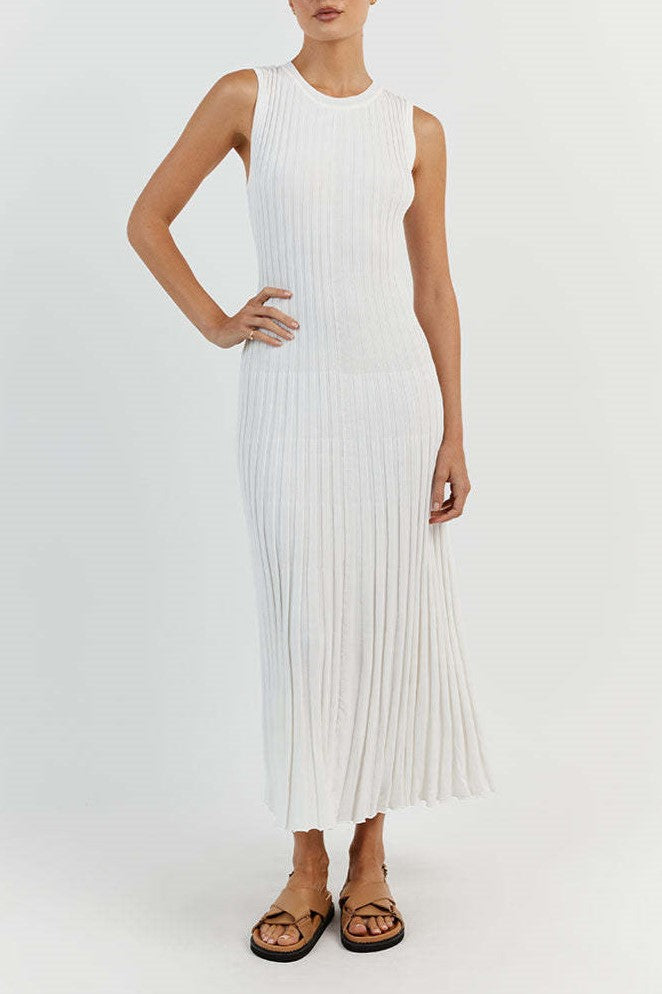 Pleated Rib Knit Column Midi Dress - White - 10