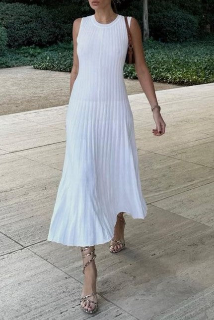 Pleated Rib Knit Column Midi Dress - White - 2