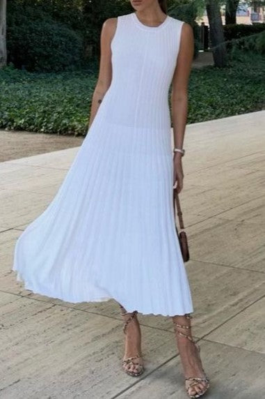 Pleated Rib Knit Column Midi Dress - White - 3