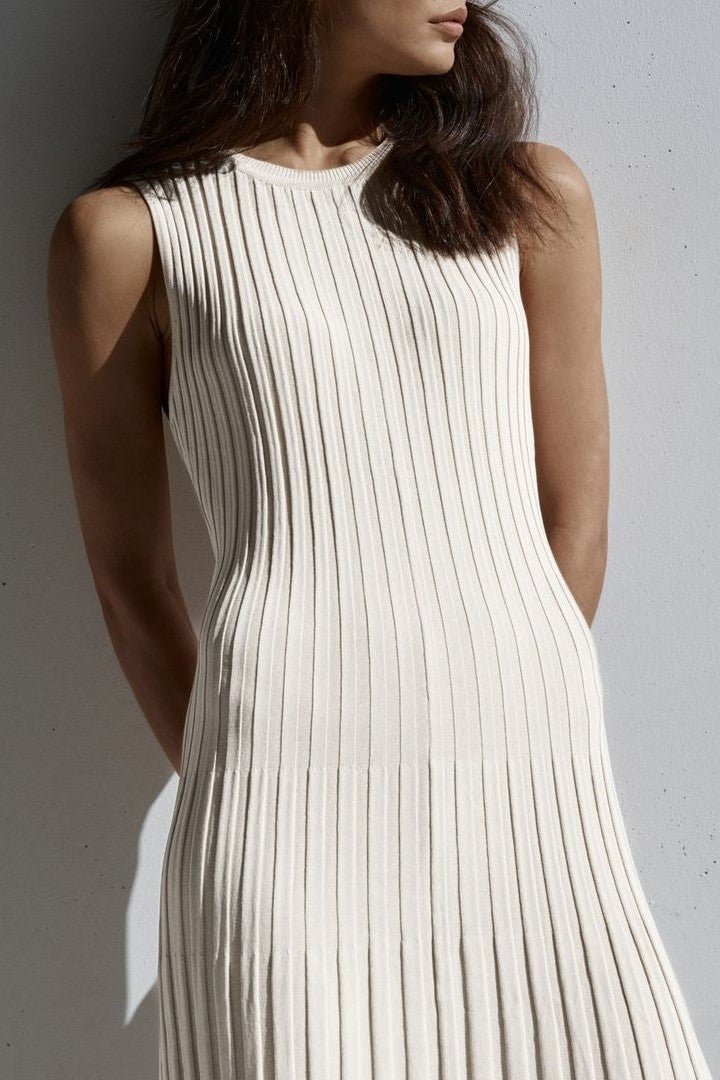 Pleated Rib Knit Column Midi Dress - White - 5