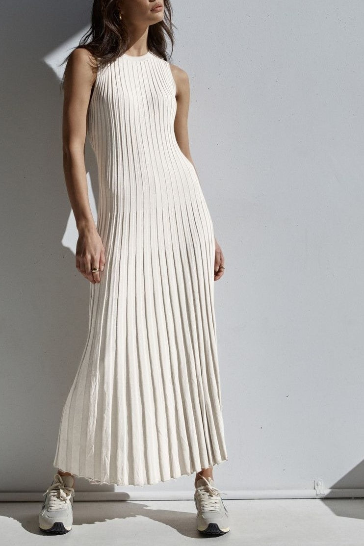 Pleated Rib Knit Column Midi Dress - White - 6