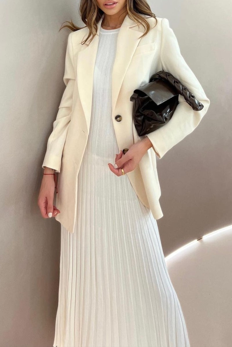 Pleated Rib Knit Column Midi Dress - White - 7