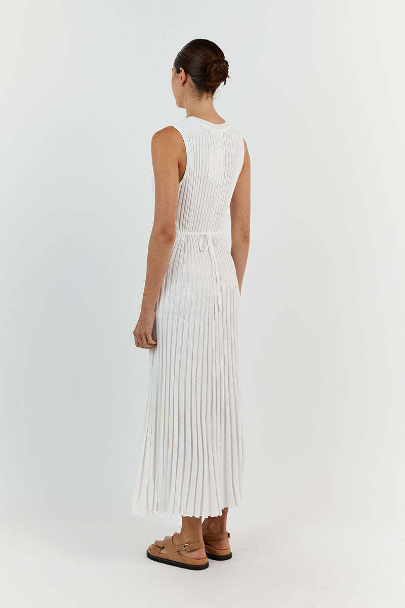 Pleated Rib Knit Column Midi Dress - White - 8