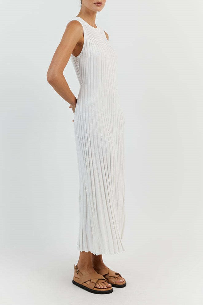 Pleated Rib Knit Column Midi Dress - White - 9